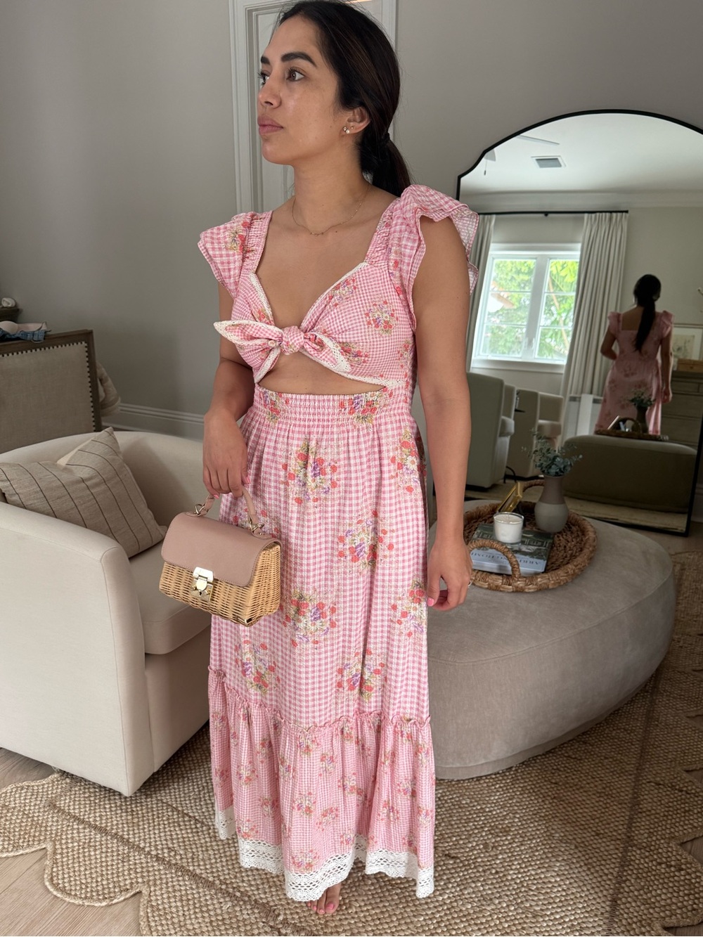 LoveShackFancy Pink Floral Gingham Maxi Skirt
